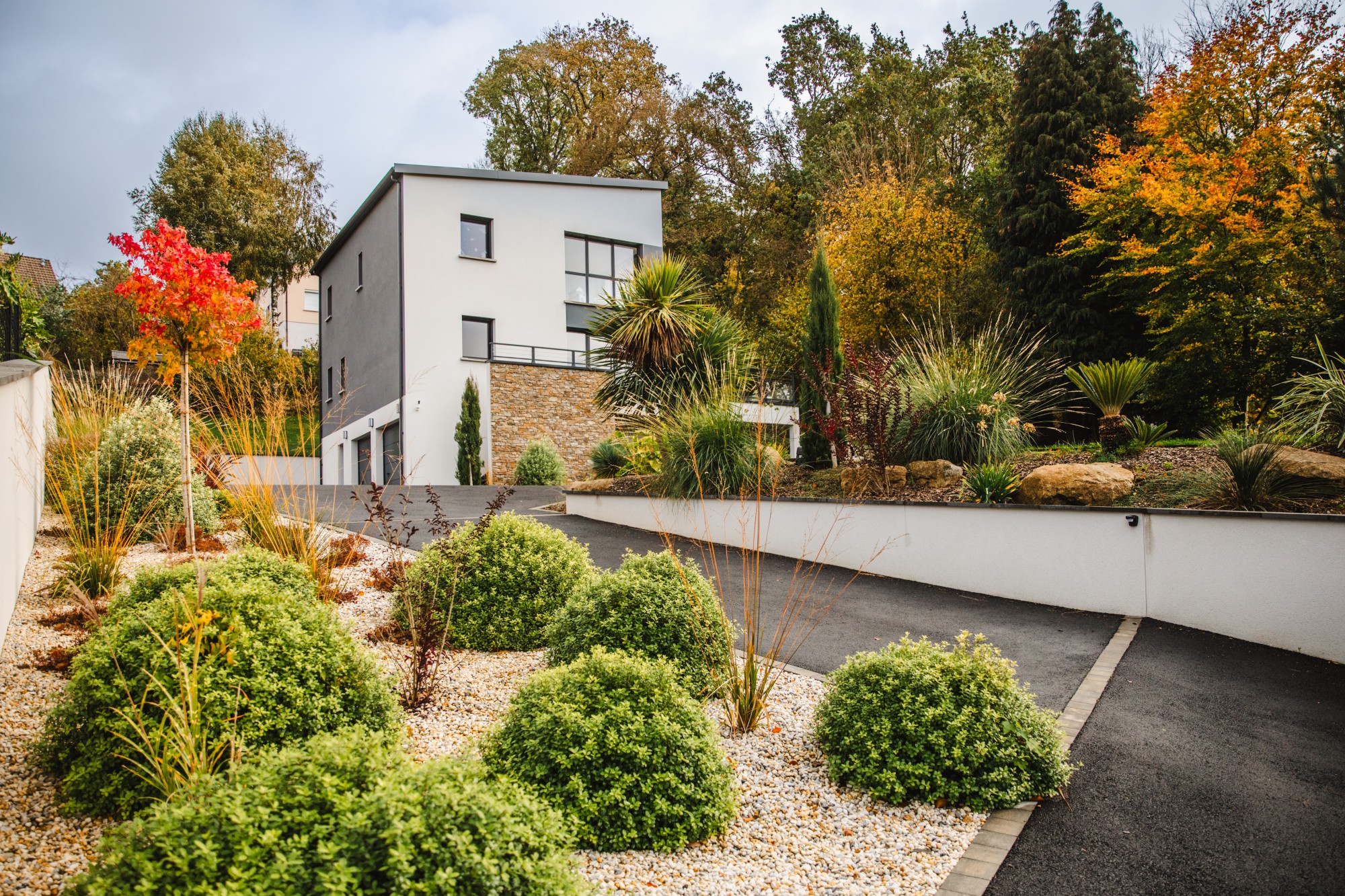Aménagement paysager d’un jardin en pente à Vire : un jardin structuré et végétal en toute saison